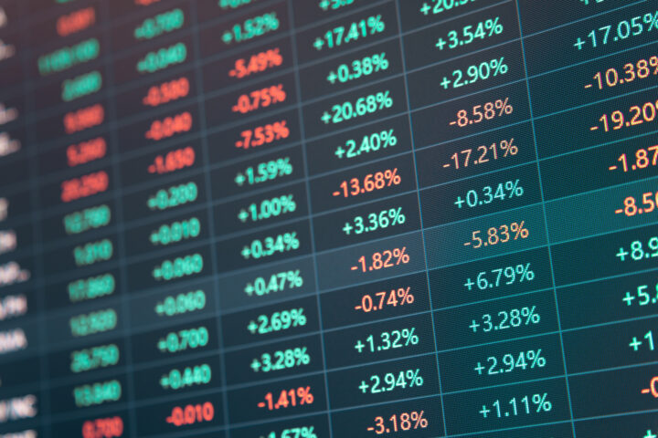 Stock market and Exchange and bid, offer, volume on display rapid change