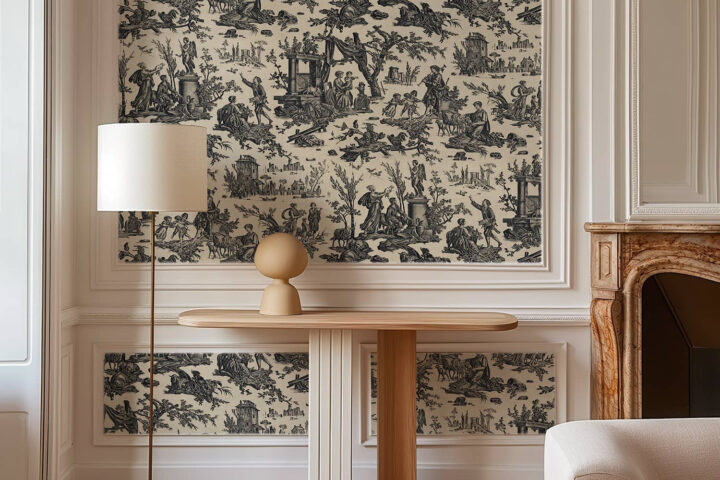 papier peint motif toile de jouy noir