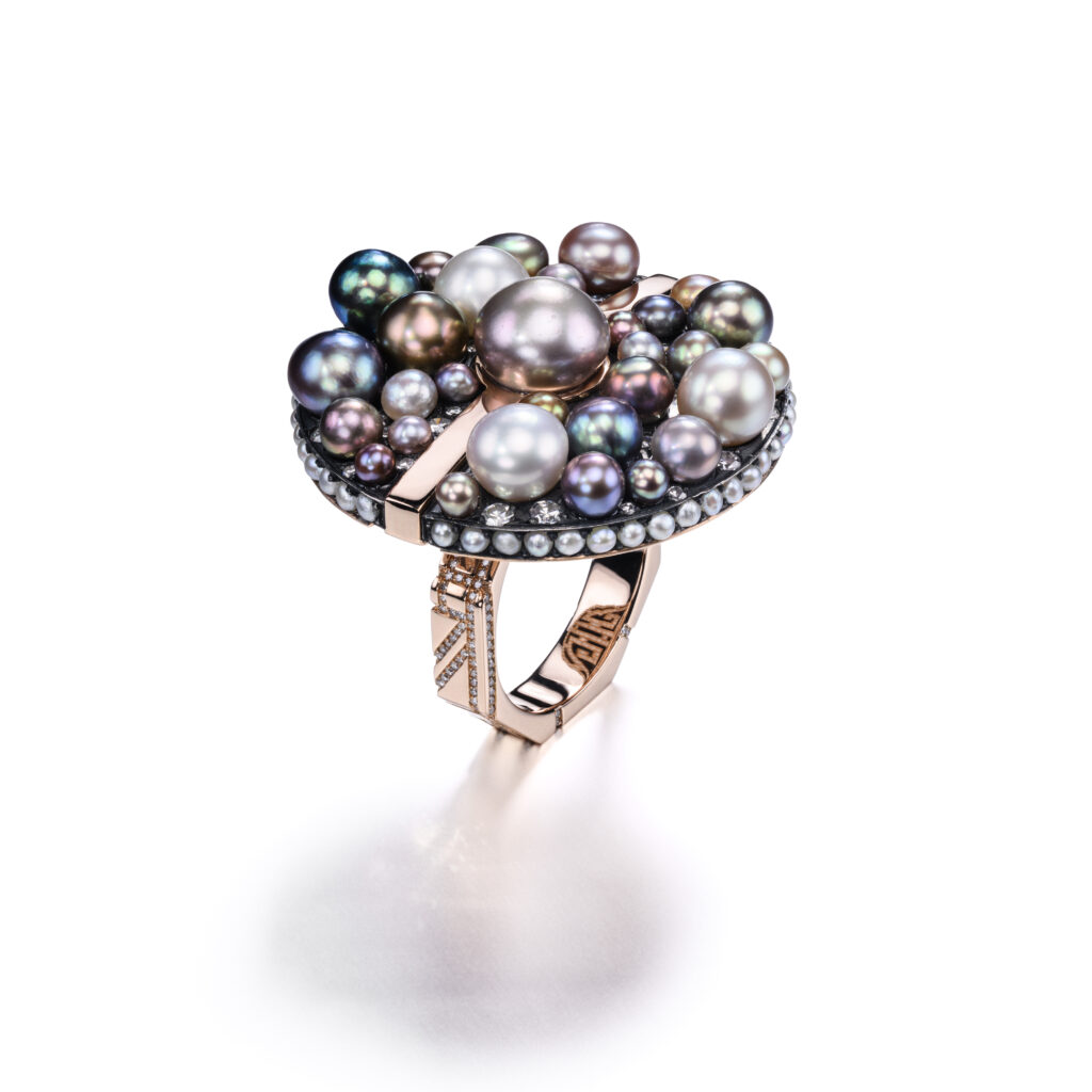 ANNA HU bague Imperial Palace Garden or diamants et perles fines