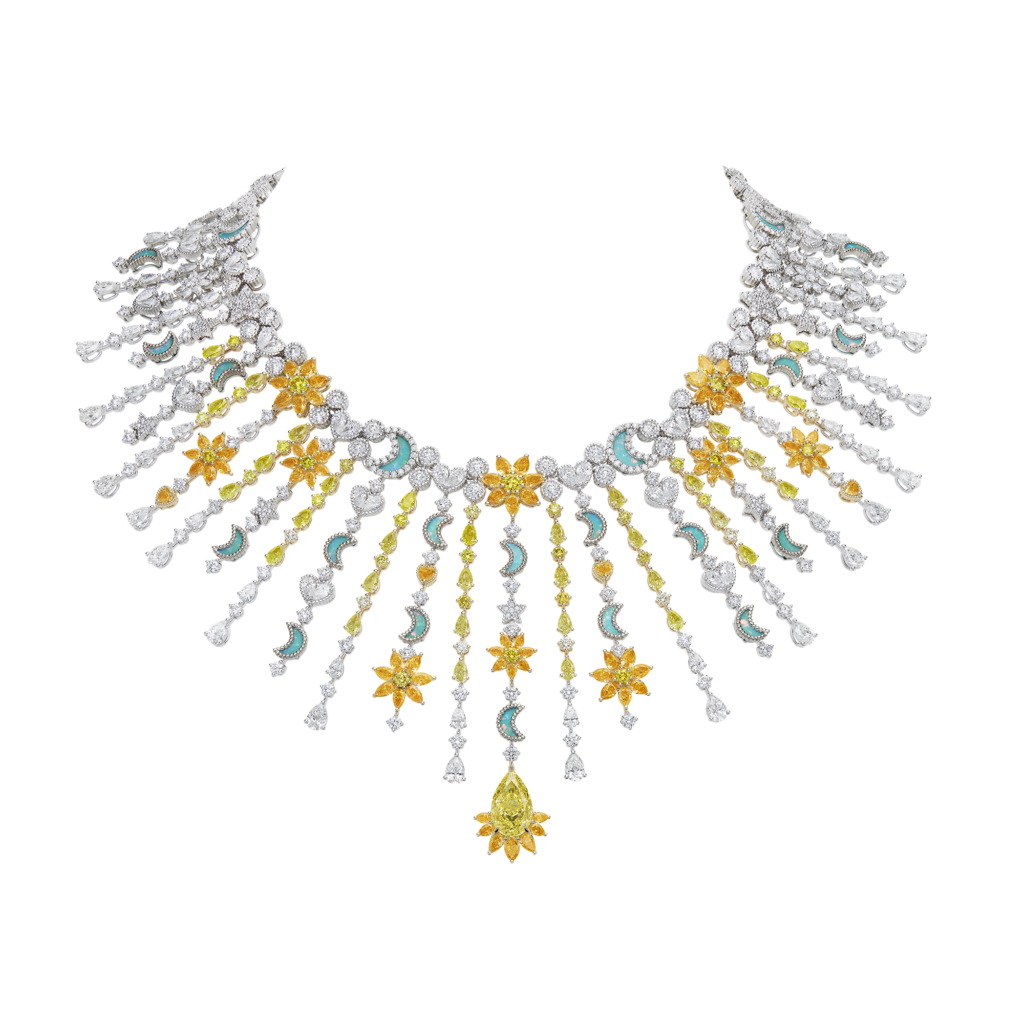 DIOR JOAILLERIE collier Belle Dior Soleil Céleste or diamants blancs jaunes et orange opales blanches sur doublets de turquoise 1 diamant jaune de 5 7 carats