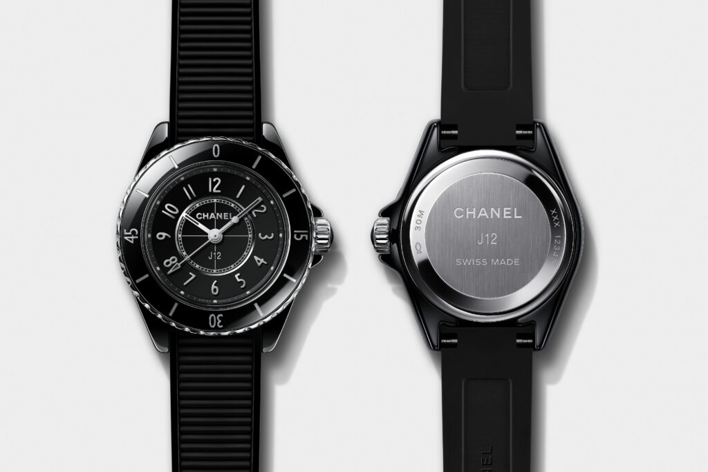 j12 28mm black textured rubber strap grey duo rgb